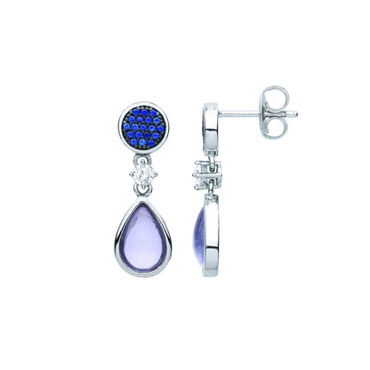 Silver  Lilac Blue Pear CZ Icy Raindrop Pave Disc Drop Earrings - EAG1088