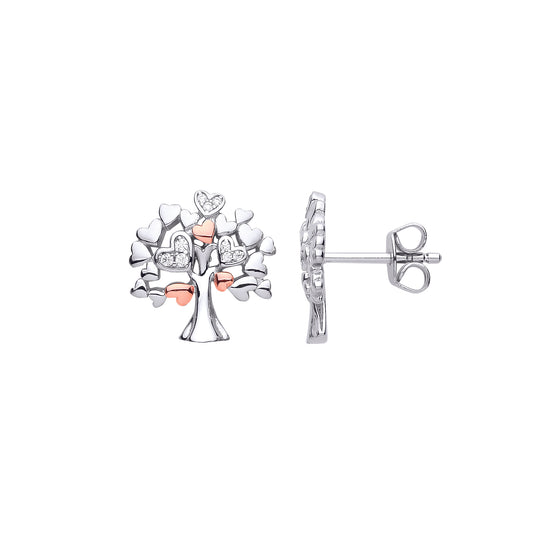 925 Sterling Silver  CZ Love Heart Tree of Life Stud Earrings - EAG1090