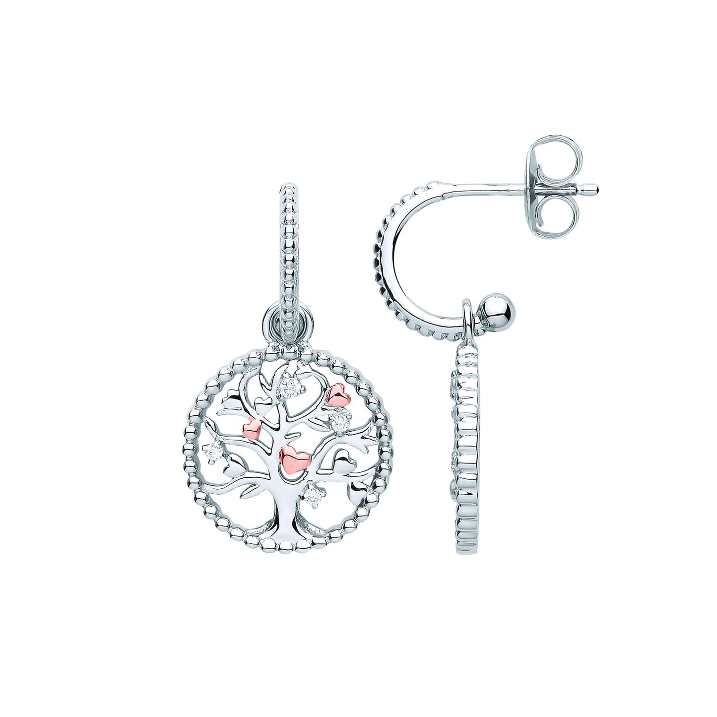 925 Silver  CZ Bead Hoop Tree of Life Love Heart Drop Earrings - EAG1091
