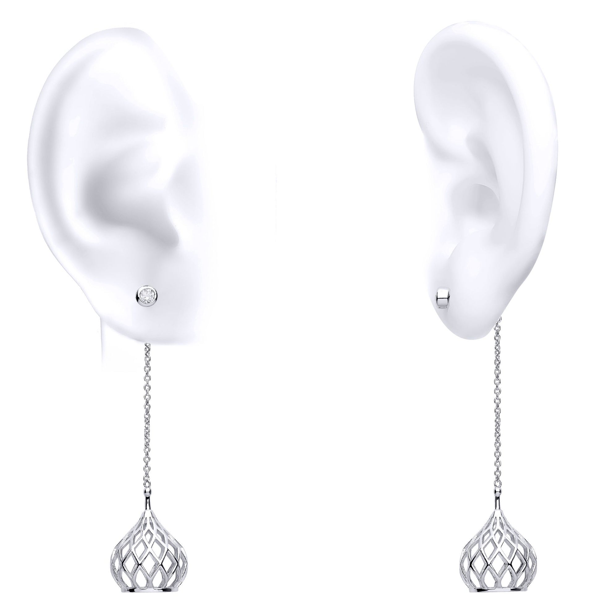 Silver  CZ Hanging Basket Lantern Shoulder Duster Drop Earrings - EAG1093