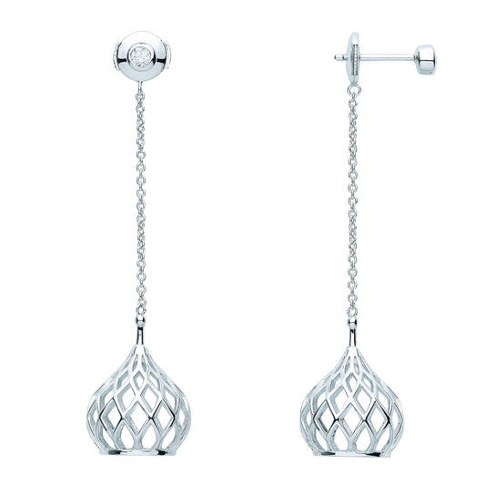 Silver CZ Hanging Basket Lantern Shoulder Duster Drop Earrings - EAG1093