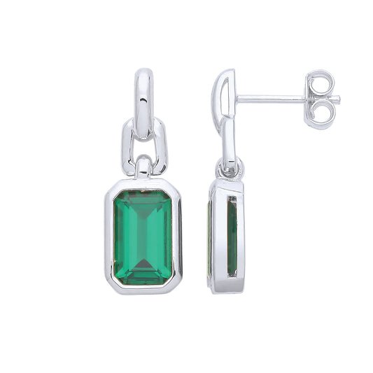 Silver  Green Emerald CZ Octagonal Chain Link Drop Earrings - EAG1094