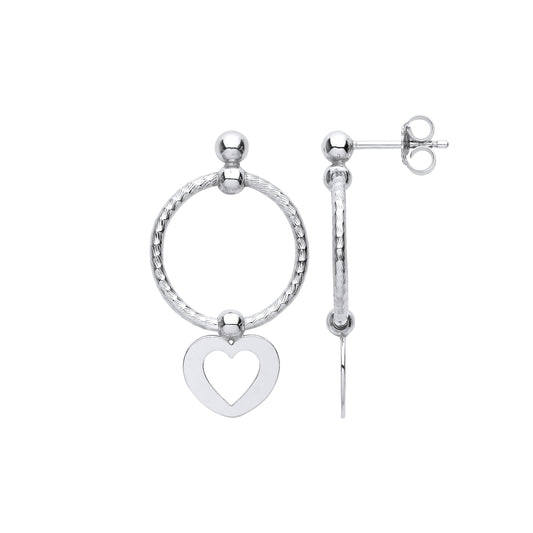 Platinum Plated Silver  Heart Swing Bead Barked Hoop Drop Earrings - EAG1099