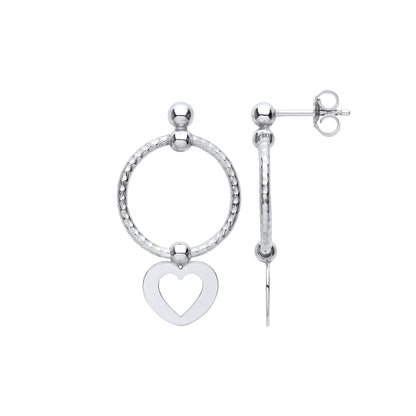 Platinum Plated Silver  Heart Swing Bead Barked Hoop Drop Earrings - EAG1099