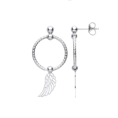 Silver Angel Dove Wing Bead Barked Hoop Drop Earrings - EAG1102