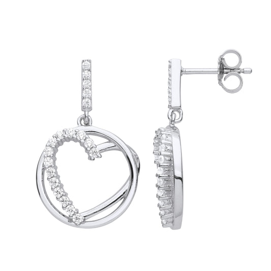 Sterling Silver  CZ Trapped Love Heart Eternity Hoop Drop Earrings - EAG1103