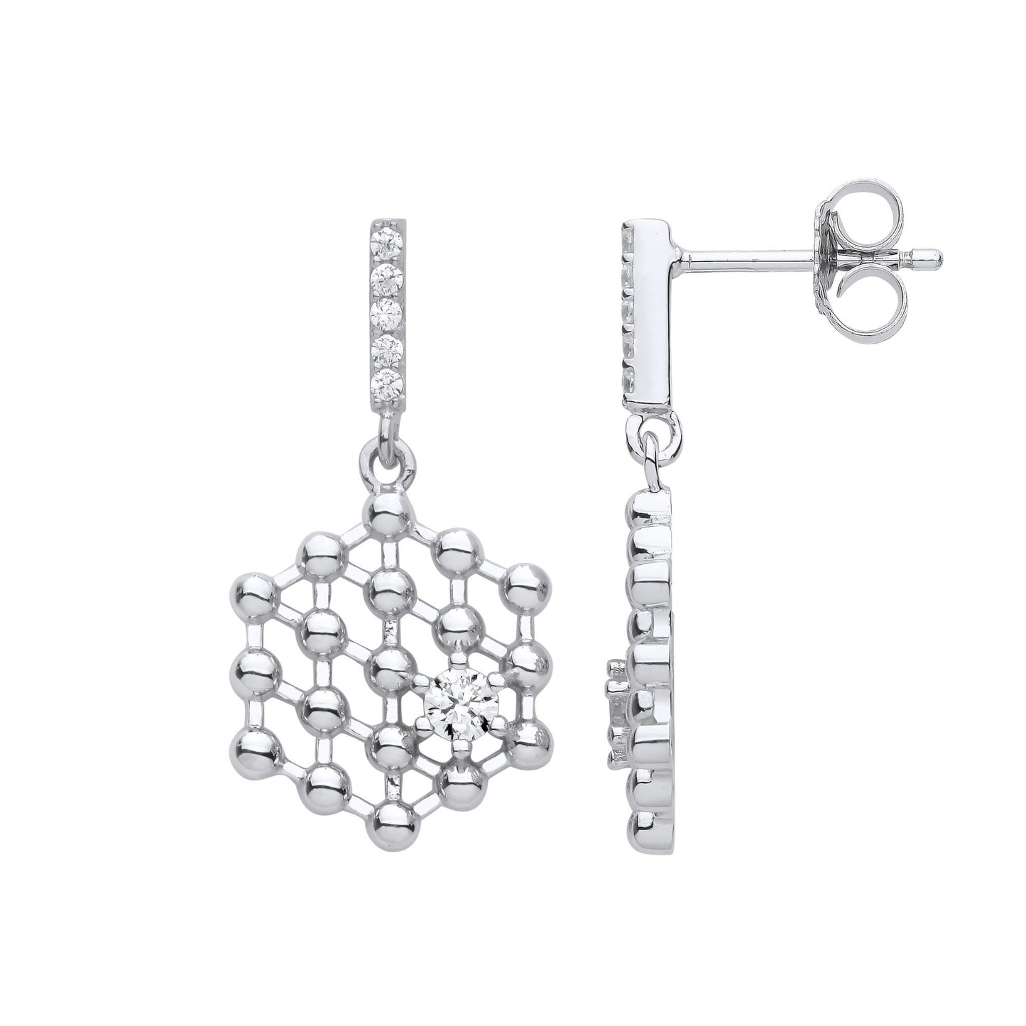 Silver  CZ Molecular Structure Hexagon Honeycomb Drop Earrings - EAG1112