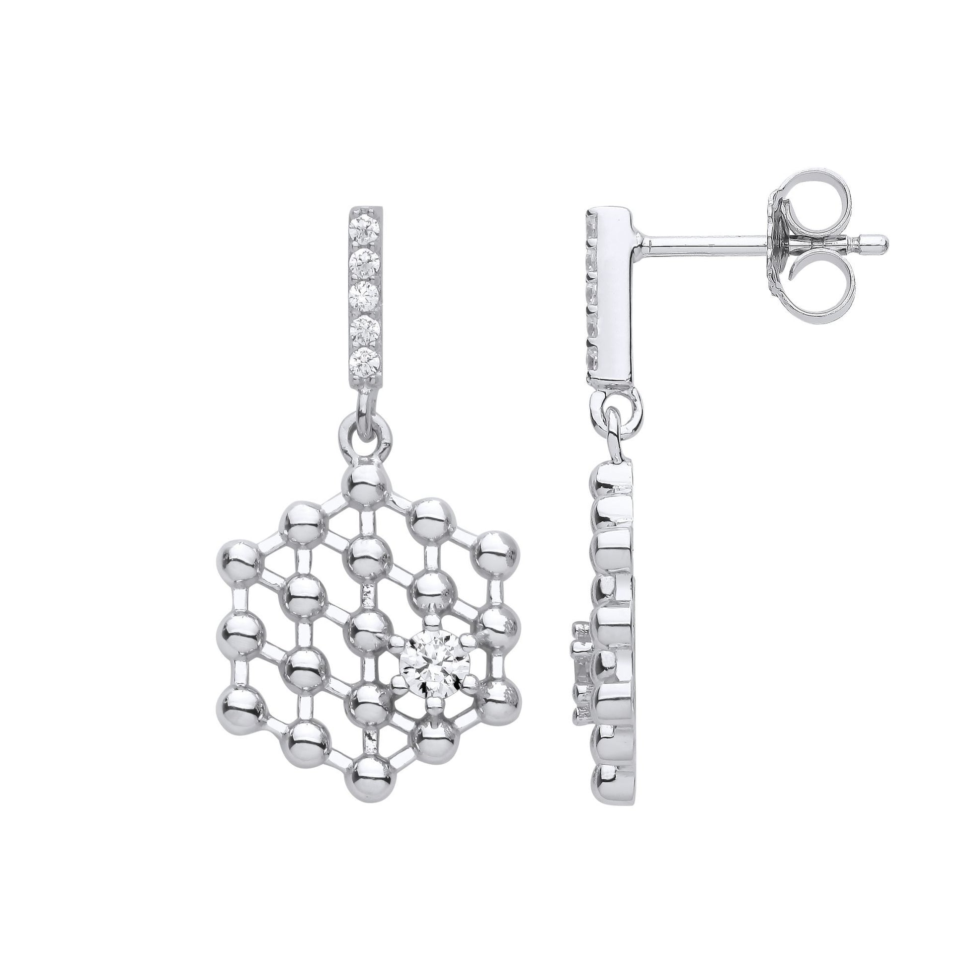 Silver  CZ Molecular Structure Hexagon Honeycomb Drop Earrings - EAG1112