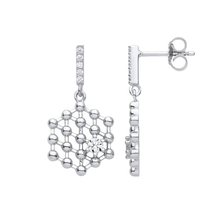 Silver  CZ Molecular Structure Hexagon Honeycomb Drop Earrings - EAG1112