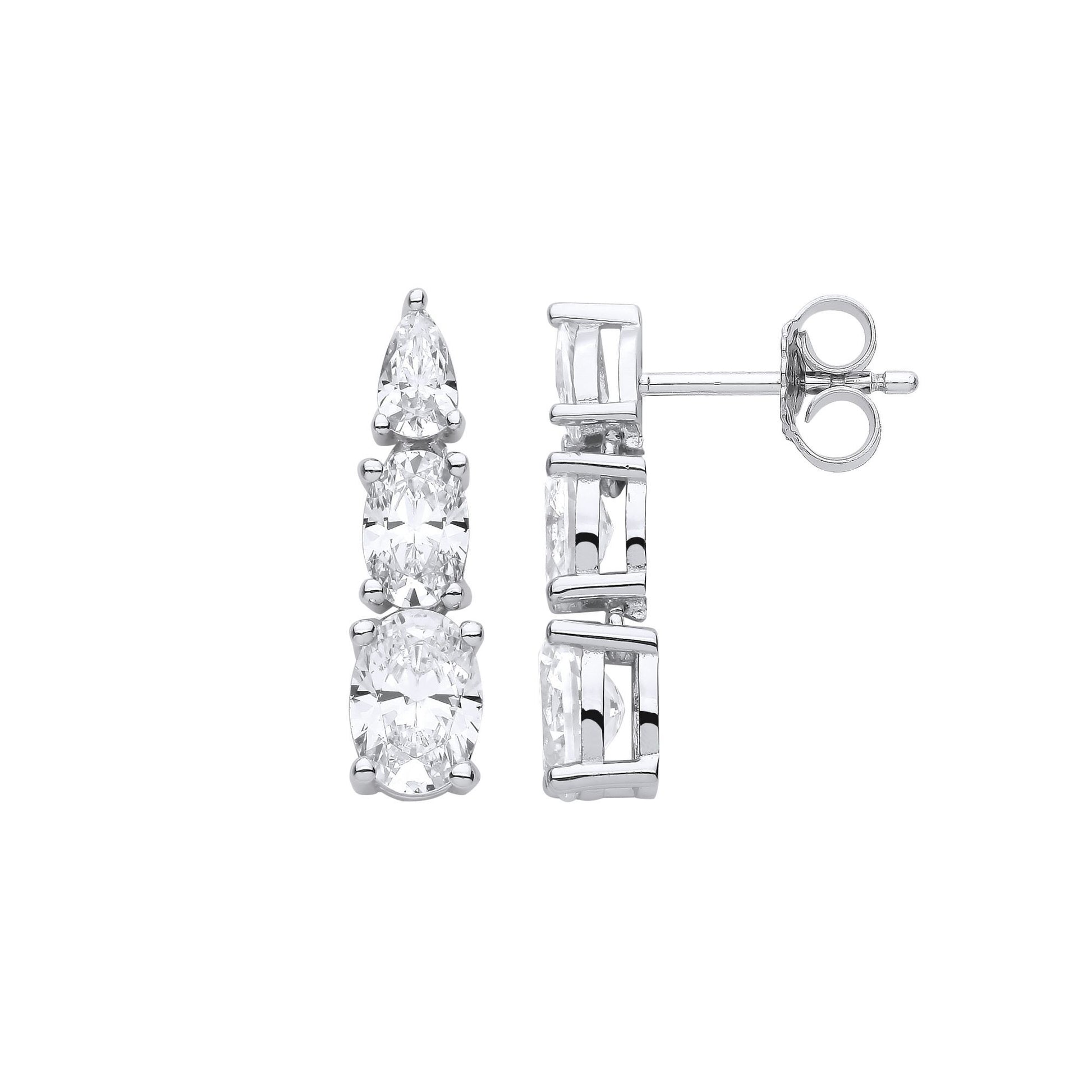 Silver  Oval Pear CZ Graduated Trilogy Snowman Clown Drop Earrings - EAG1115