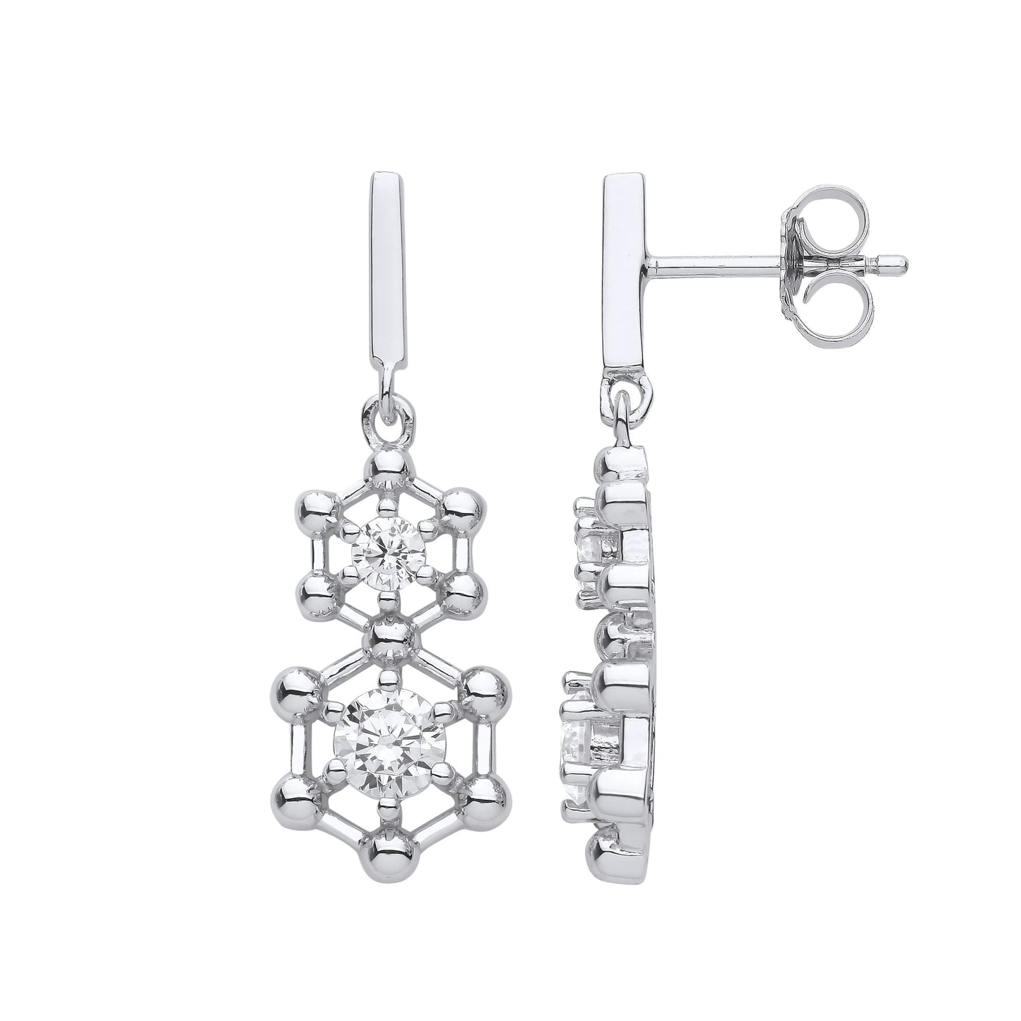 Silver  CZ Double Hexagon Honeycomb Molecular Drop Earrings - EAG1117