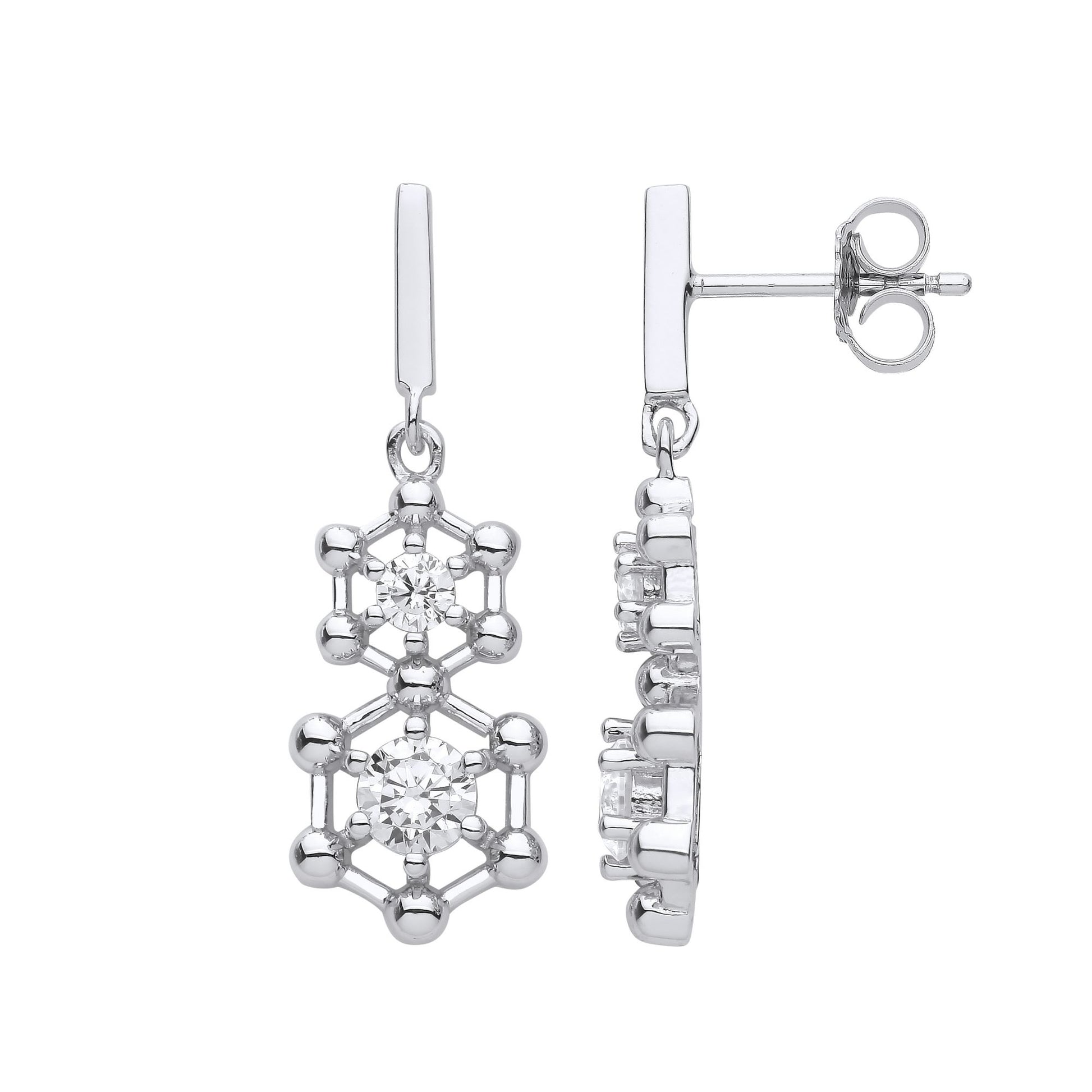Silver  CZ Double Hexagon Honeycomb Molecular Drop Earrings - EAG1117