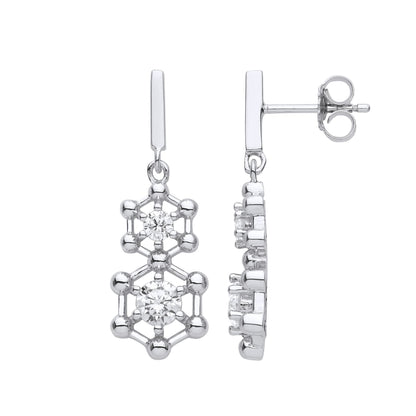 Silver  CZ Double Hexagon Honeycomb Molecular Drop Earrings - EAG1117