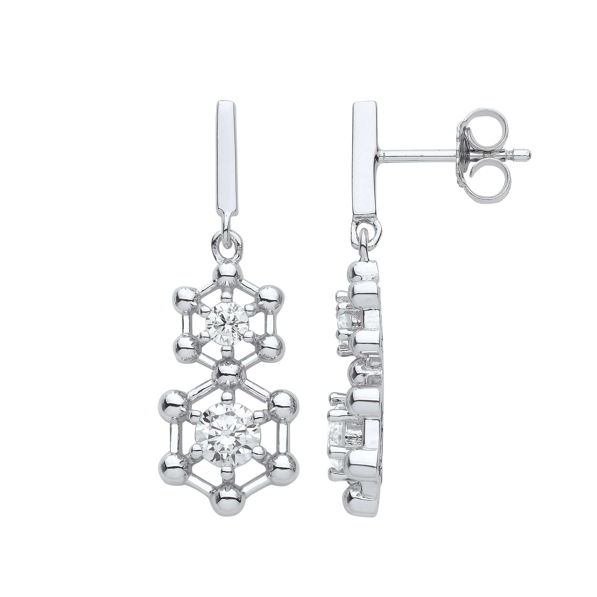 925 Silver  CZ Double Hexagon Molecular Structure Drop Earrings - EAG1117