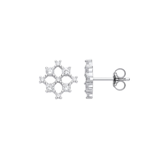 Silver  Square Snowflake Cluster Stud Earrings - EAG1118