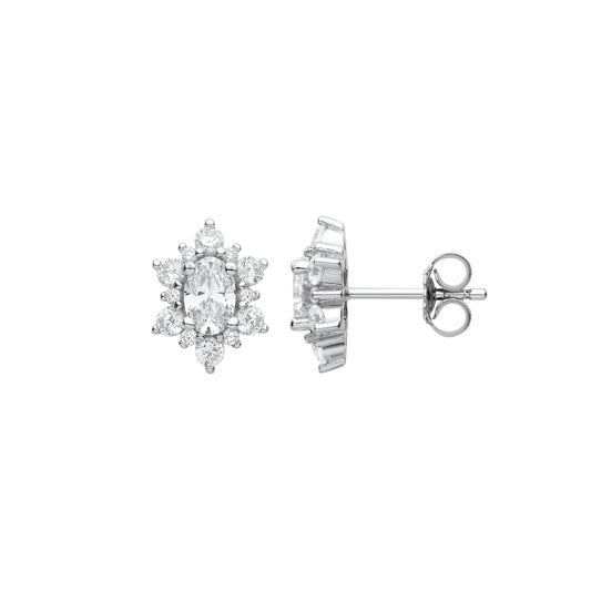 Silver  Oval Snowflake Cluster Stud Earrings - EAG1120