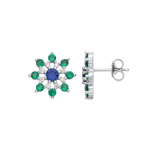 Silver  Blue Green CZ 8 Point Flower Snowflake Stud Earrings - EAG1131