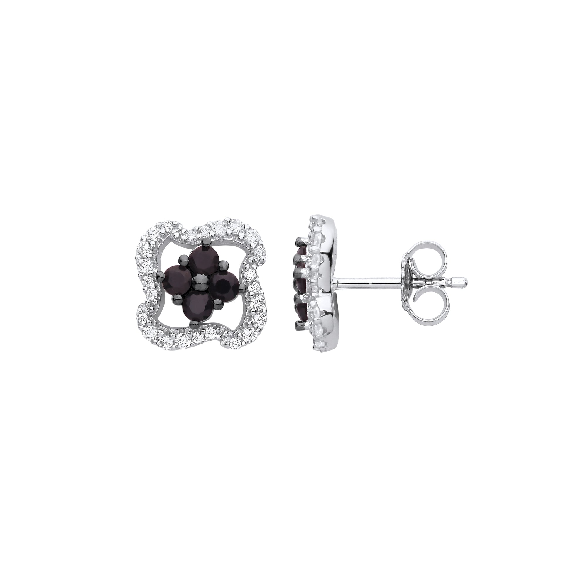 925 Silver  Black CZ Shuriken Ninja Star Cluster Stud Earrings - EAG1134