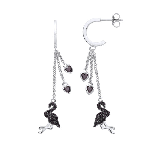 Silver  Love Heart Flamingo 2/3 Hoop Chain Drop Earrings - EAG1135