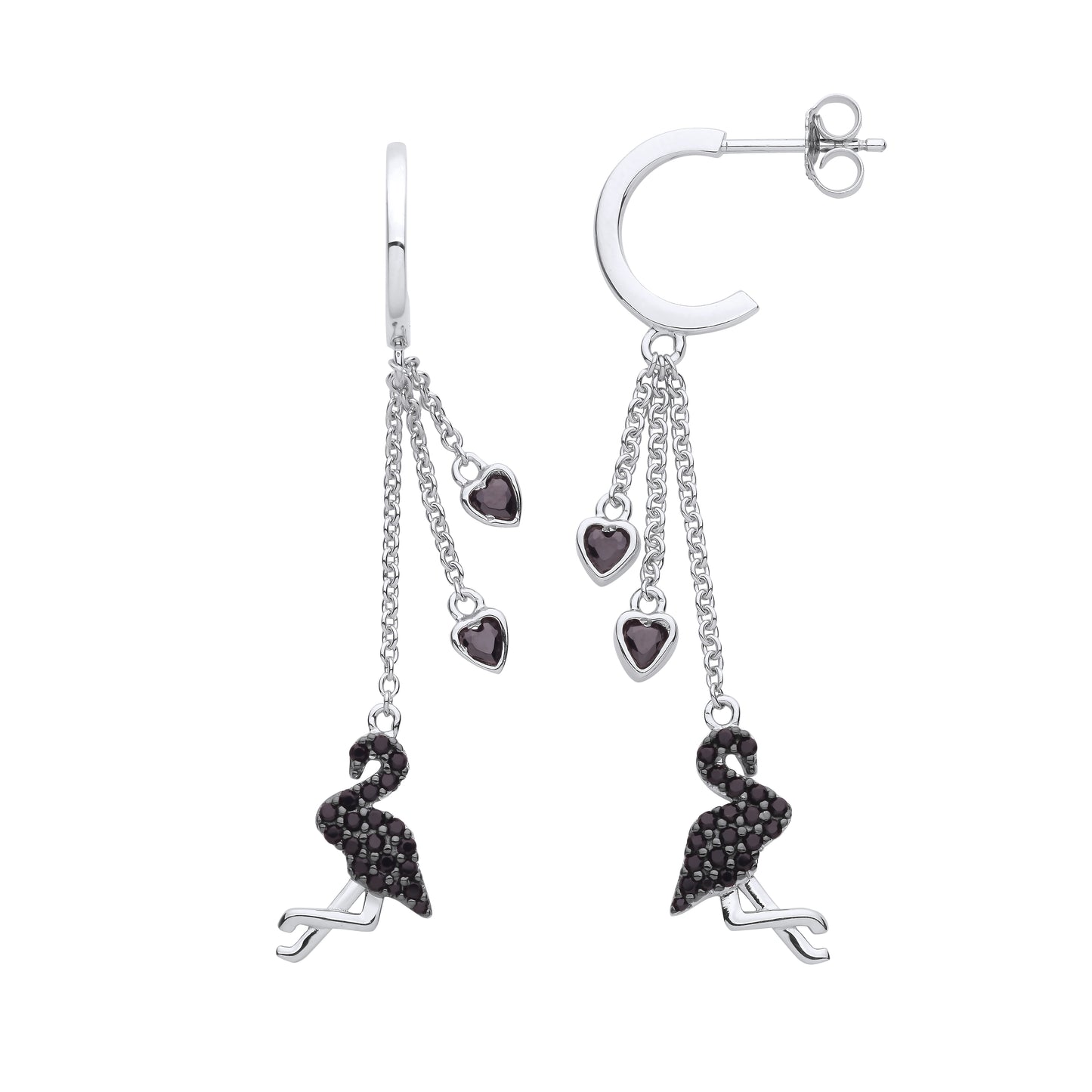 Silver  Black Heart CZ Heart Flamingo 2/3 Hoop Chain Drop Earrings - EAG1135