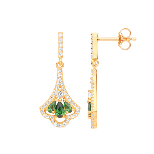 Gilded Silver  Green Pear CZ Fleur De Lys Chandelier Drop Earrings - EAG1140