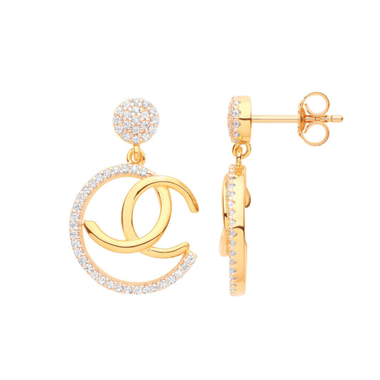 Gilded 925 Sterling Silver  CZ Moon Pretzel Hoop Drop Earrings - EAG1142