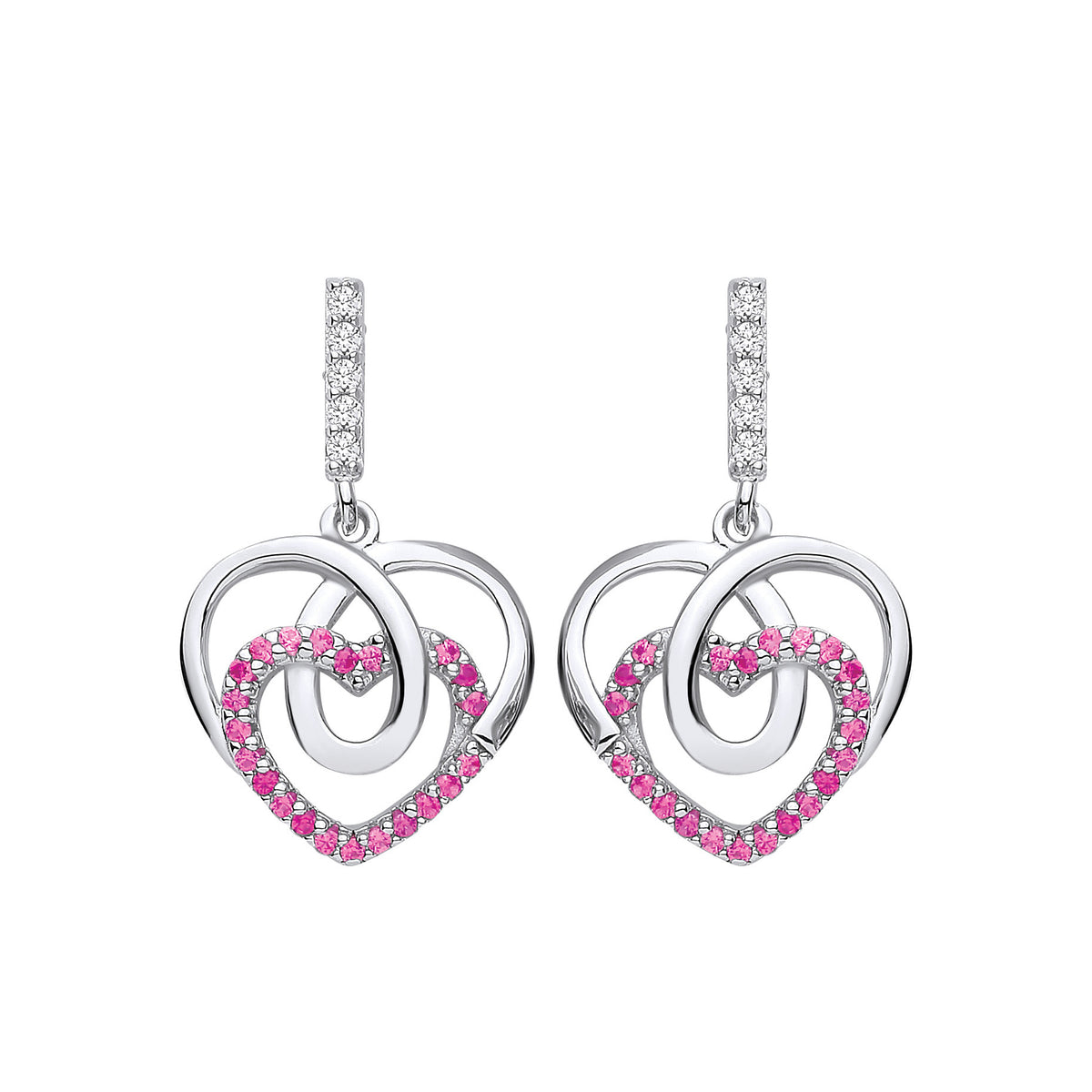 Silver  Red CZ Loopy Corkscrew Love Heart Drop Earrings - EAG1144RH