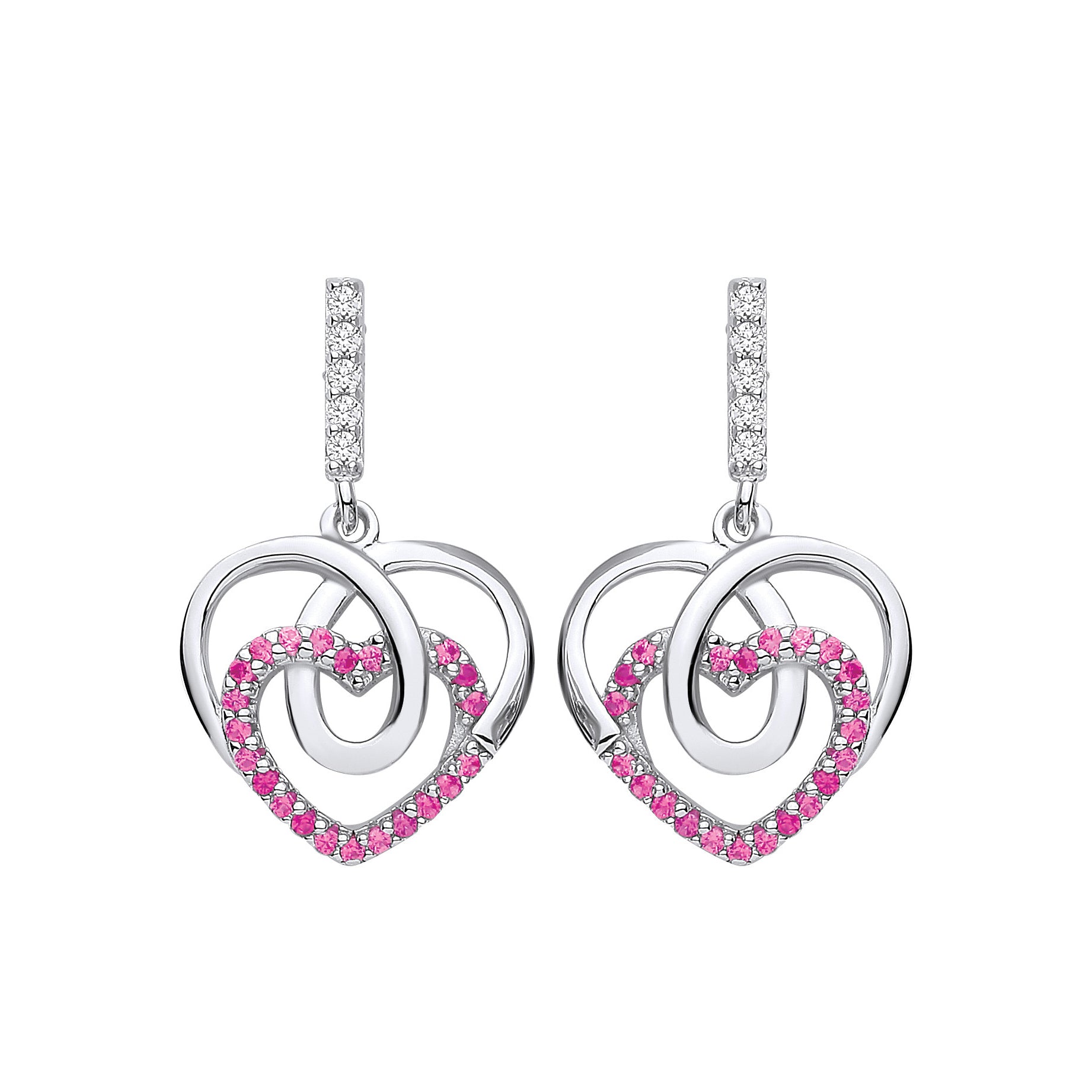 Silver  Red CZ Loopy Corkscrew Love Heart Drop Earrings - EAG1144RH