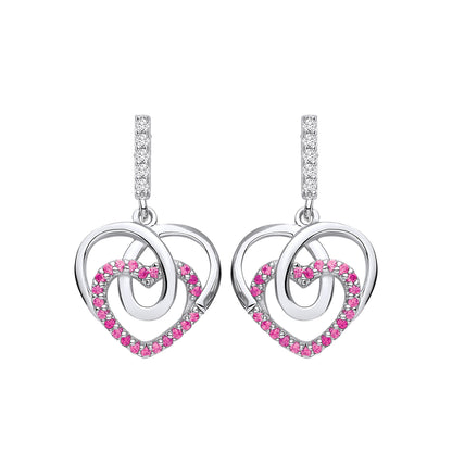 Silver  Red CZ Loopy Corkscrew Love Heart Drop Earrings - EAG1144RH