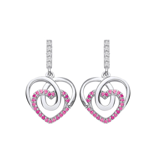 Silver  Red CZ Loopy Corkscrew Love Heart Drop Earrings - EAG1144RH