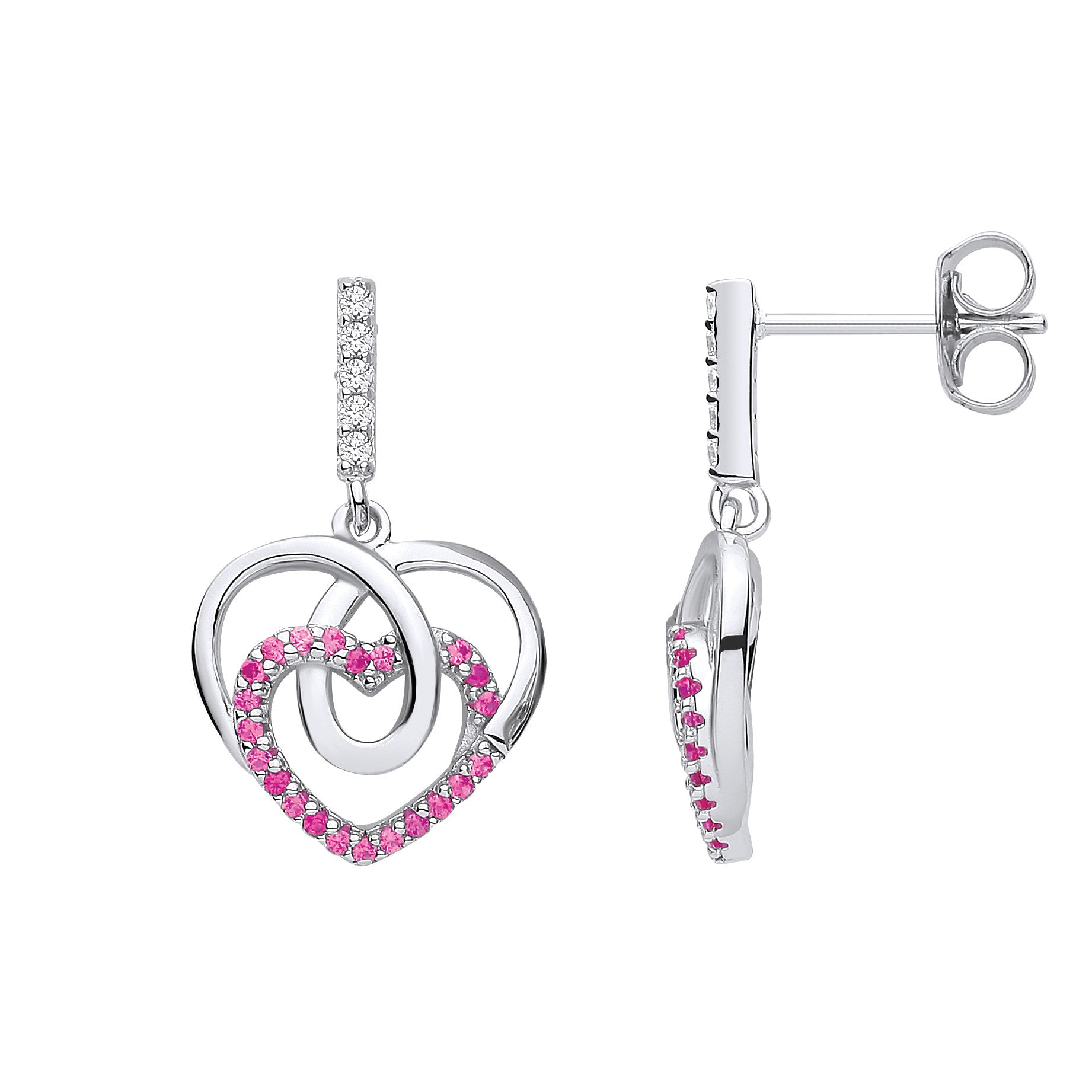 Silver  Red CZ Loopy Corkscrew Love Heart Drop Earrings - EAG1144RH
