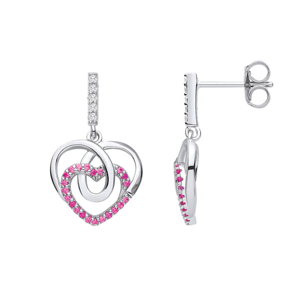 Silver  Red CZ Loopy Corkscrew Love Heart Drop Earrings - EAG1144RH