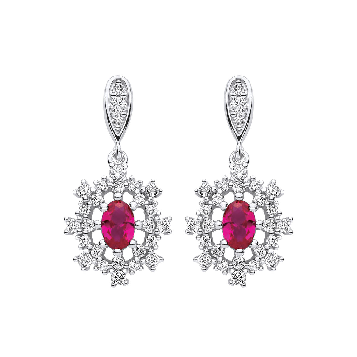 Silver  Red Oval CZ 8 Point Flower Snowflake Drop Earrings - EAG1145RH
