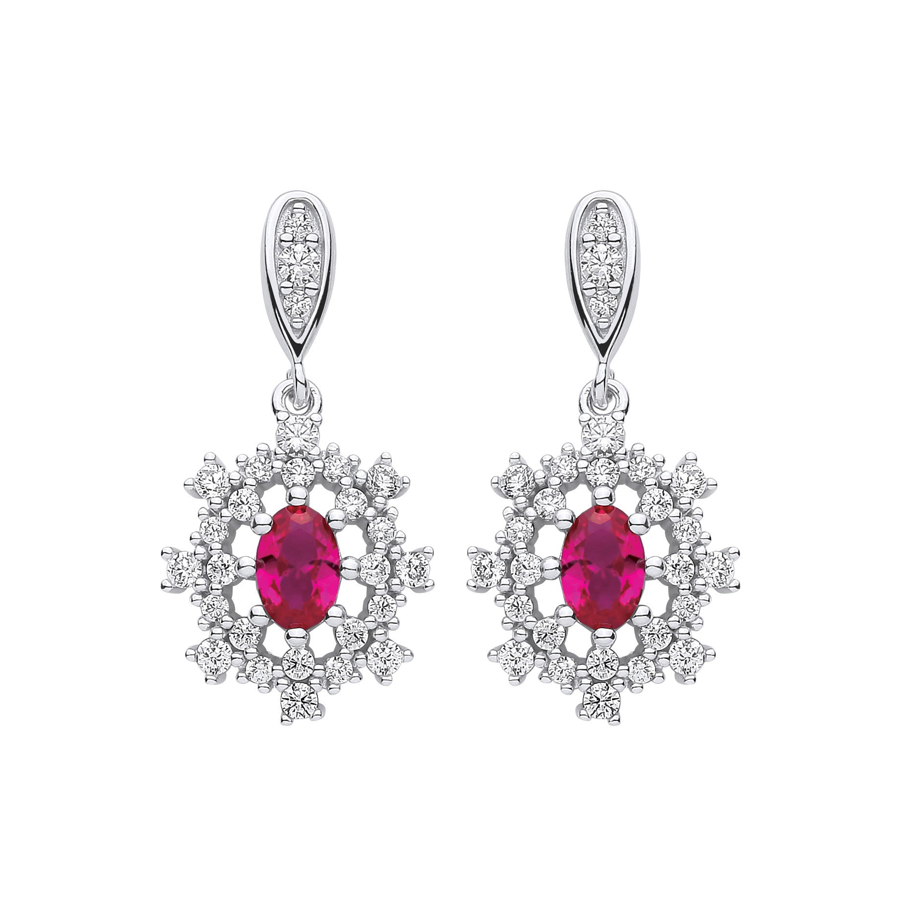 Silver  Red Oval CZ 8 Point Flower Snowflake Drop Earrings - EAG1145RH