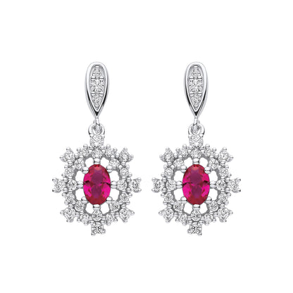 Silver  Red Oval CZ 8 Point Flower Snowflake Drop Earrings - EAG1145RH