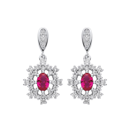 Silver  Red Oval CZ 8 Point Flower Snowflake Drop Earrings - EAG1145RH