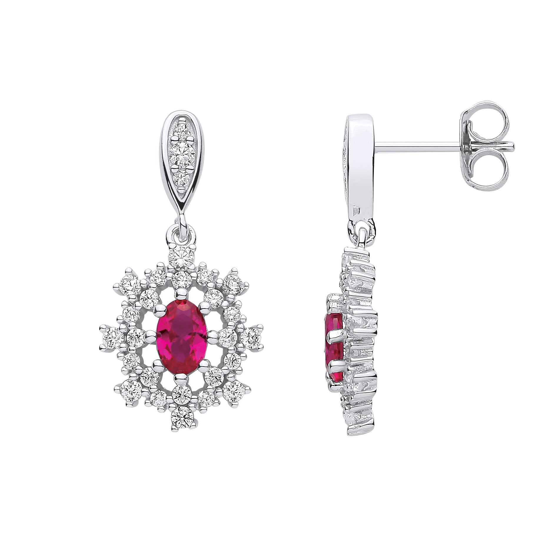Silver  Red Oval CZ 8 Point Flower Snowflake Drop Earrings - EAG1145RH