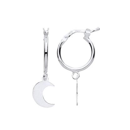 Sterling Silver  Hanging Crescent Moon Charm Hoop Drop Earrings - EAG1152