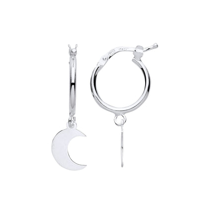 Sterling Silver  Hanging Crescent Moon Charm Hoop Drop Earrings - EAG1152
