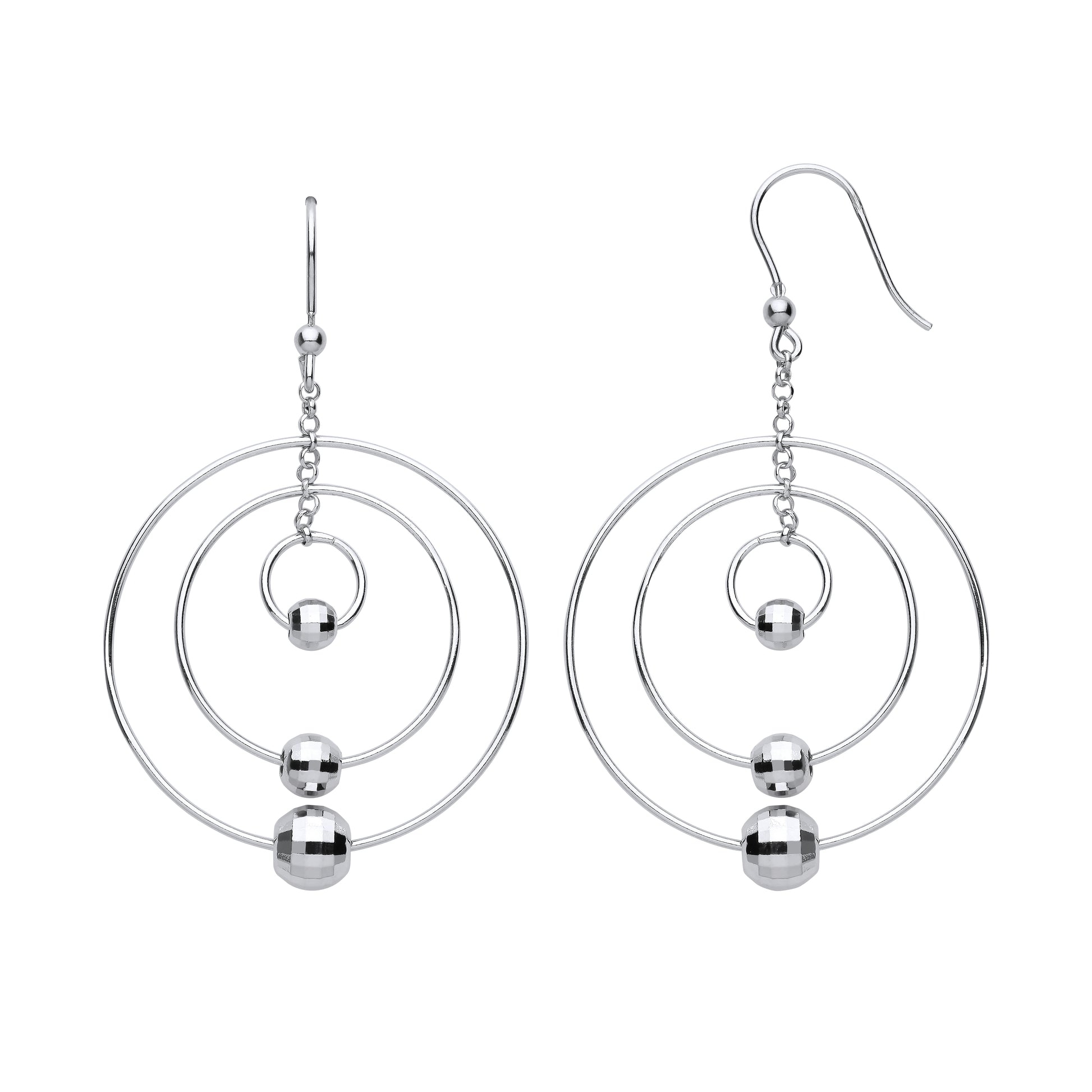 Silver  Triple Disco Bead Circles Atom Orbit Drop Earrings - EAG1154
