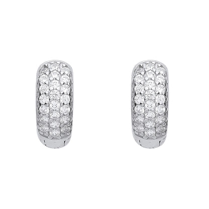 Silver  Domed 3 Row Pave Huggie Hoop Earrings - EAG1158