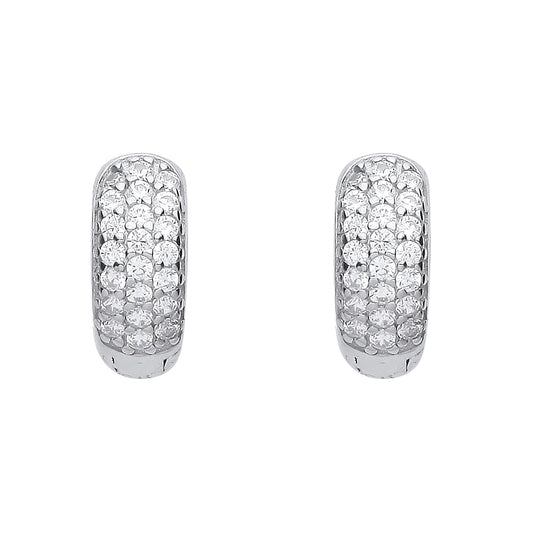 925 Sterling Silver  CZ Domed 3 Row Pave Huggie Hoop Earrings - EAG1158