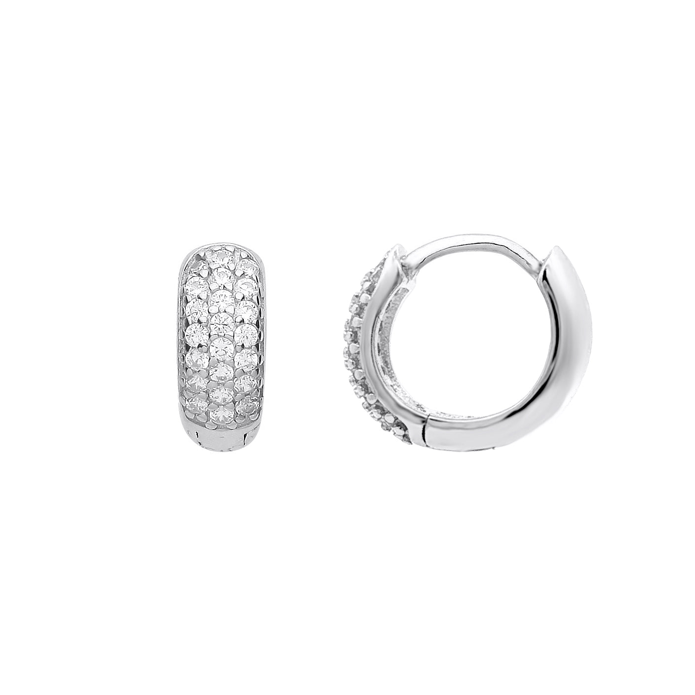 925 Sterling Silver  CZ Domed 3 Row Pave Huggie Hoop Earrings - EAG1158