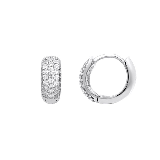 925 Sterling Silver  CZ Domed 3 Row Pave Huggie Hoop Earrings - EAG1158