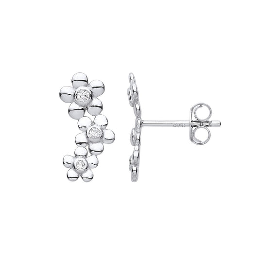 925 Sterling Silver  CZ Trilogy Daisy Flower Cluster Drop Earrings - EAG1167