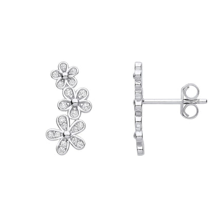 925 Sterling Silver  CZ Trilogy Daisy Flower Cluster Drop Earrings - EAG1168