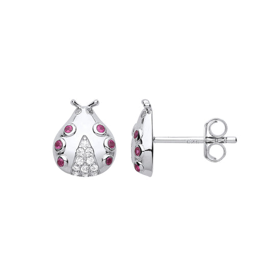 925 Sterling Silver  Red CZ Domed Ladybird Bug Stud Earrings - EAG1172