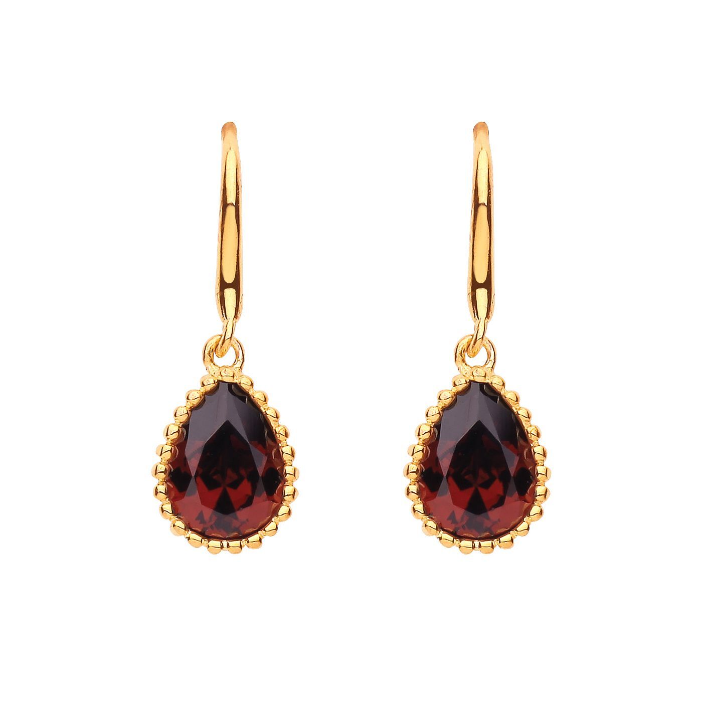 Gilded Silver  Garnet Pear CZ Bead Edge Solitaire Drop Earrings - EAG1175