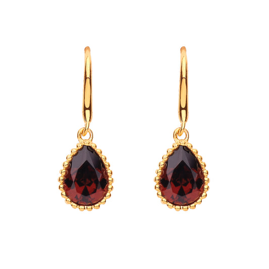 Gilded Silver  Garnet Pear CZ Bead Edge Solitaire Drop Earrings - EAG1175