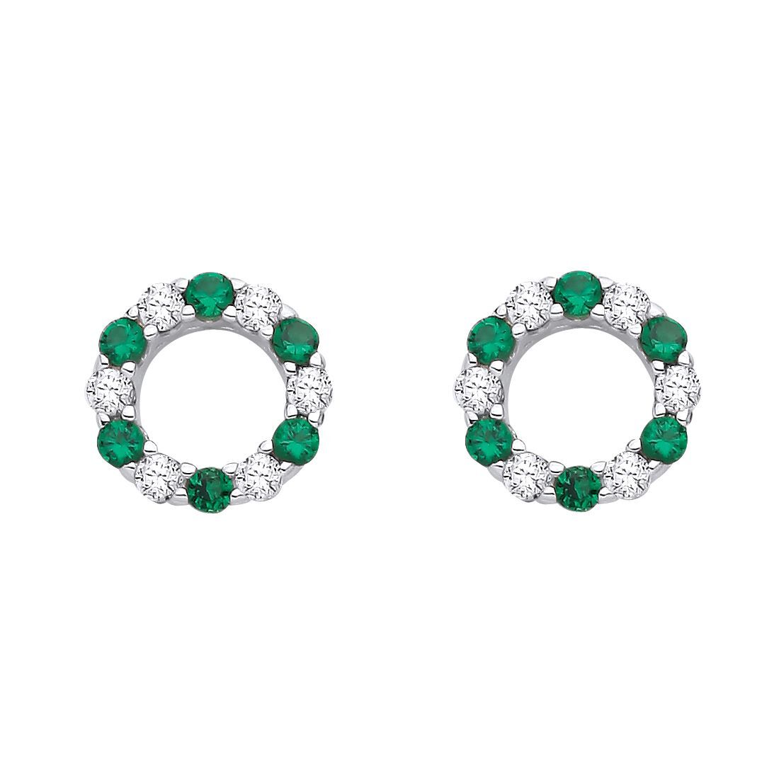 Silver  Green CZ Alternating Eternity Circle of Life Stud Earrings - EAG1176EM